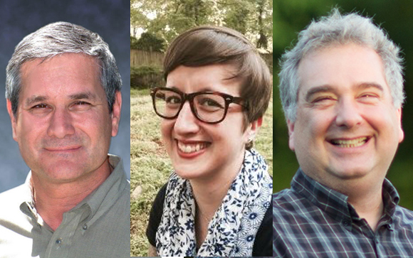Three separate portraits of a man, a woman, and another man, all smiling.