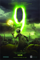 A small, stitched creature holds a glowing staff in front of a large, luminous number 9 in a green landscape.