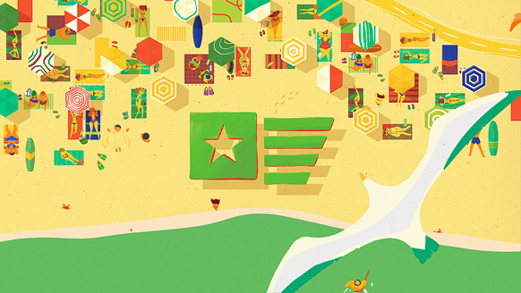 Colorful geometric illustration of people sunbathing under umbrellas on a sandy beach near water.