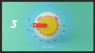 A 3D yellow dial with red markings and labels like 'BROIL' and 'LOW' on a light blue circular background.