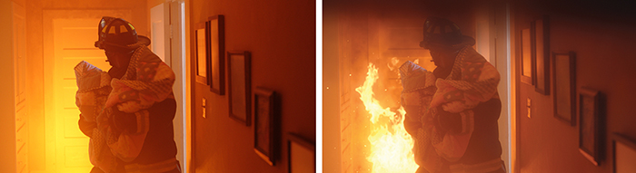 A firefighter in gear carries a small child through a hallway filled with bright orange flames.