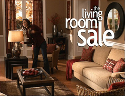 A woman in a living room setting with text overlay reading 'the living room sale'.