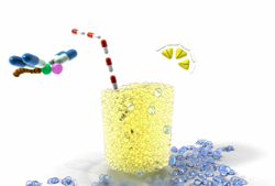 Digital illustration of red and white capsules falling into a yellow granular substance surrounded by blue pills.