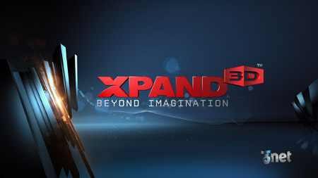 Red XPAND 3D logo and slogan against a dark blue background with light streaks.