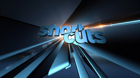 Stylized blue 3D text reading 'shortcuts' set against a dark background with radiating light beams.