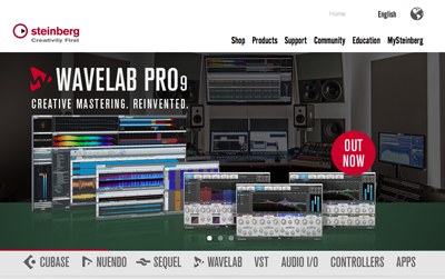 Promotional banner for Steinberg Wavelab Pro 9 featuring software interface windows over a recording studio background.