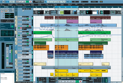 A digital audio workstation software interface showing multiple colored multi-track audio and MIDI clips.