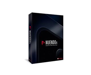 A black software box for Nuendo 6 with white and red text on a dark background.