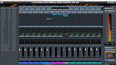 A digital audio workstation interface showing a multi-track timeline, mixer sliders, and various control panels.