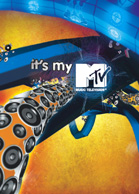 Abstract graphic with the MTV logo, blue curves, and a trail of black and silver speakers on an orange background.
