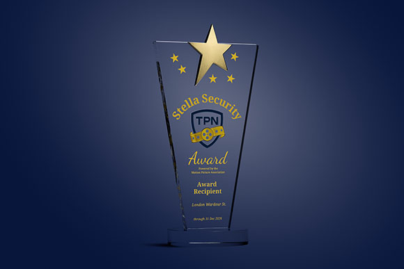 A clear glass trophy featuring a gold star at the top and gold text reading Stella Security Award.