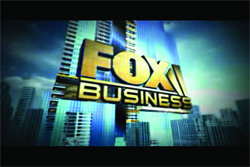 Fox Business logo in gold lettering set against a blue cityscape background.