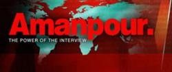 Red text reading 'Amanpour.' over a stylized world map in red and teal.