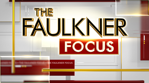 Graphic logo for The Faulkner Focus with gold and white text on a red and white geometric background.