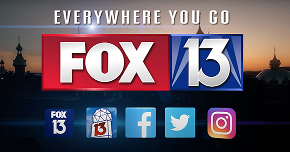 FOX 13 logo in red and blue boxes above social media icons against a sunset city skyline.