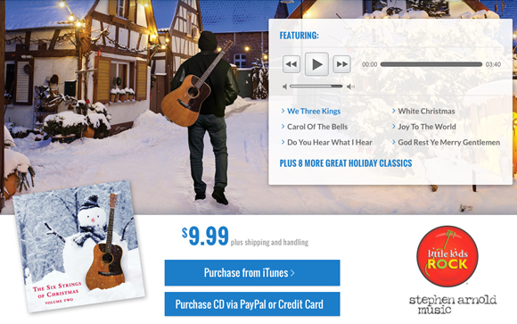 Man with a guitar in a snowy village next to a music player and album cover for The Six Strings of Christmas.
