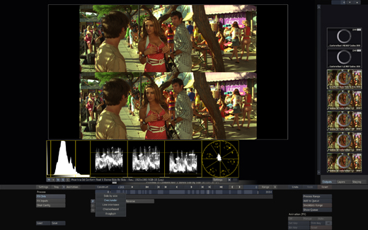 Video editing software interface showing split-screen playback, histograms, and a timeline.