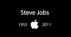 White text reading 'Steve Jobs' above an Apple logo, flanked by the years '1955' and '2011' on a black background.