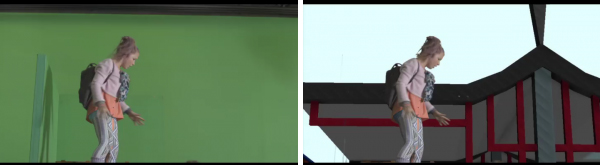 A person with a backpack stands before a green screen on the left and a digital building on the right.