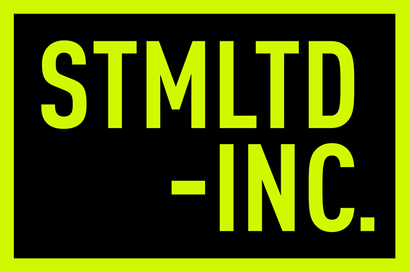 Neon yellow text reading STMLTD-INC. on a black background with a neon yellow border.