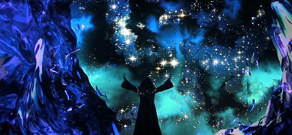 A dark hooded silhouette with arms raised toward a bright, sparkling blue and black cosmic nebula.