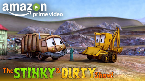 Animated garbage truck and excavator characters facing each other in a landfill setting.