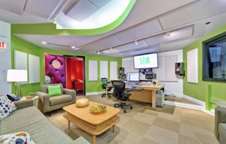 A green lounge area with a sofa, armchair, coffee table, and a desk with computer monitors and speakers.