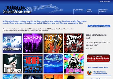 StockMusic.com homepage featuring music genre categories and a search description.