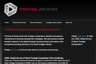 Website homepage for Thriving Archives featuring marketing strategies for stock footage companies.