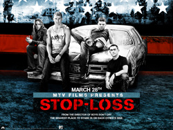 Four men pose around a car against a backdrop of soldiers and stars.