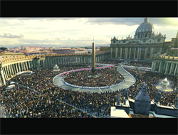 High-angle view of a massive crowd gathered in a large circular plaza with an obelisk and a domed basilica.