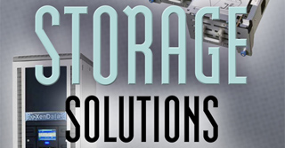 Large text reading STORAGE SOLUTIONS over a server rack and internal hardware components.