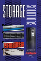 Magazine cover featuring various server and storage hardware components on a blue background.