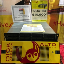 A silver server unit sits below a sign for 200 TB of storage for $19,900.