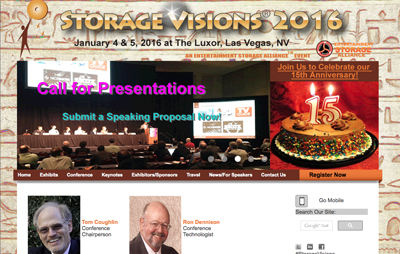Banner for Storage Visions 2016 in Las Vegas featuring a call for presentations and a 15th anniversary cake.