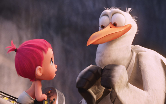 A small character with bright pink hair looks up at a large, white, animated bird with an orange beak.