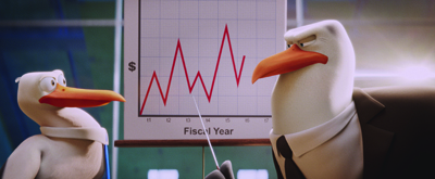 Two animated storks in business attire looking at a red line graph on a whiteboard.