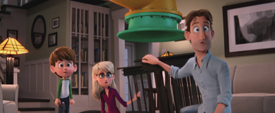 Three animated characters look up in shock at a large green and yellow mechanical device in a living room.
