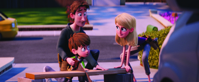 An animated man, woman, and boy work together on a wooden plank in a suburban driveway.
