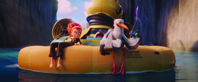 An animated girl with red hair and a white stork sit in a yellow inflatable raft on a river.