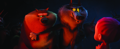 Two animated wolf characters, one large and round, one tall and thin, face a small red character.