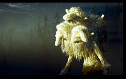 A large, pale, shaggy creature with multiple facial features standing in a dark, misty forest.