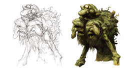 Two side-by-side sketches of a grotesque, multi-headed creature with mossy skin and long limbs.