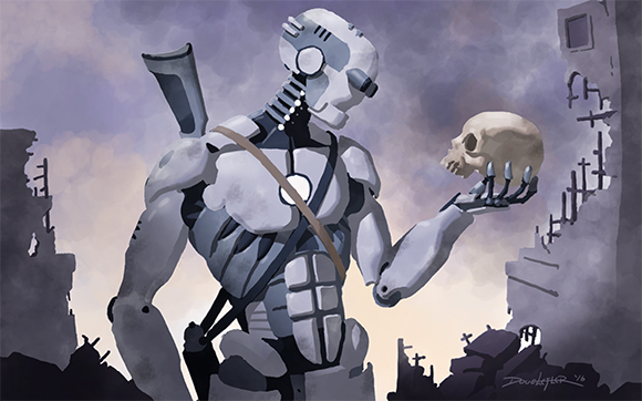 A grey humanoid robot holds a human skull in its hand against a backdrop of ruined buildings.