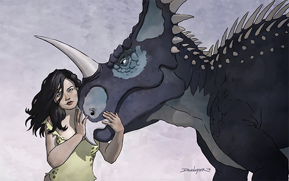 A woman with dark hair touches the snout of a large, dark blue dinosaur with horns and spikes.