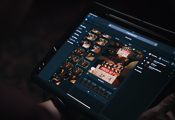 A tablet screen showing a video editing software interface with various video thumbnails and a playback window.