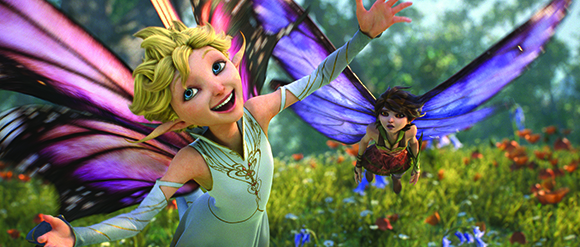 A blonde fairy with purple wings smiles widely while flying over a sunny meadow with another small fairy.