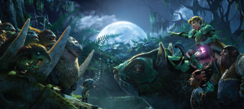 Fantasy characters in green armor and creatures face each other in a moonlit, misty forest.
