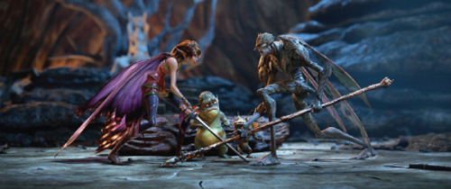 A winged female figure and a tall, insectoid creature face each other in a dark, rocky landscape.