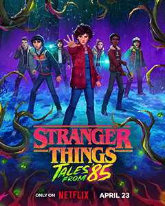 Animated poster for Stranger Things Tales from 85 featuring a group of teenagers in a dark, glowing forest.